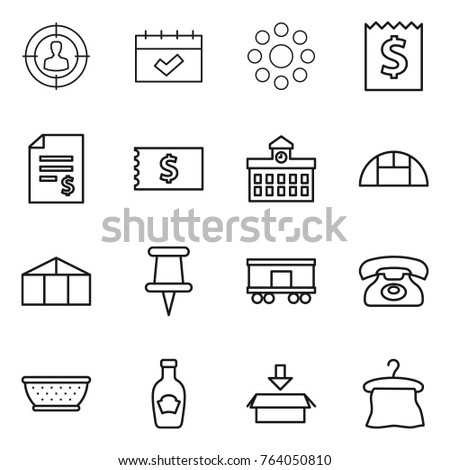 Thin line icon set : target audience, calendar, round around, receipt, account balance, university, greenhouse, pin, railroad shipping, phone, colander, ketchup, package, hanger