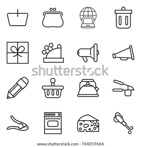 Thin line icon set : basket, purse, notebook globe, bin, gift, cashbox, megafon, loudspeaker, pencil, kettle, garlic clasp, walnut crack, oven, cheese, blower