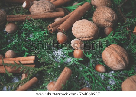 Christmas background  with walnuts, hazelnuts, cones
