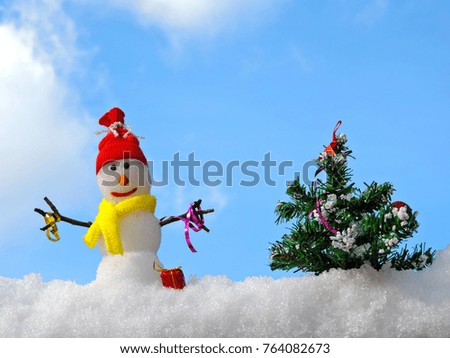 Merry Christmas card, snowman with christmas tree in winter park -
 Christmas greeting