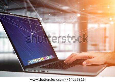 View of a Laptop with operating system screen and network connection  Royalty-Free Stock Photo #764086915