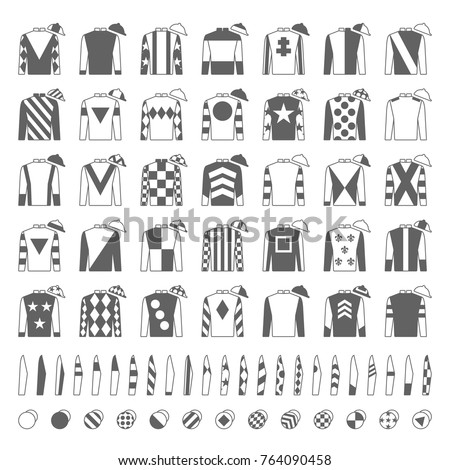 Jockey uniform. Traditional design. Jackets, silks, sleeves and hats. Horse riding. Horse racing. Icons set. Isolated on white. Vector illustration
