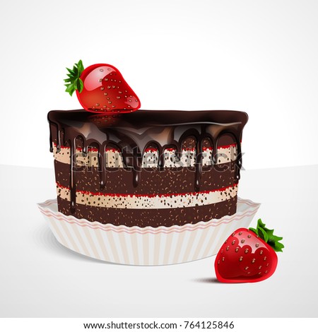 Chocolate Cake with fresh Strawberry and cream isolated on white background. Vector realistic dessert. Strawberry holiday homemade creamcheese Cupcake
