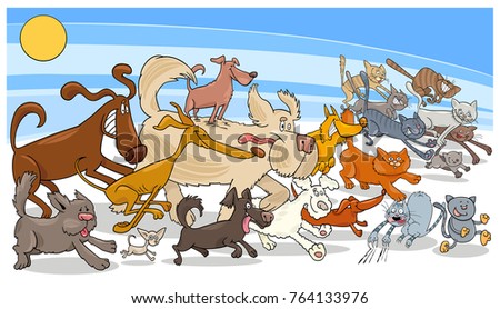 Cartoon Vector Illustration of Funny Running Dogs and Cats Animal Characters Group