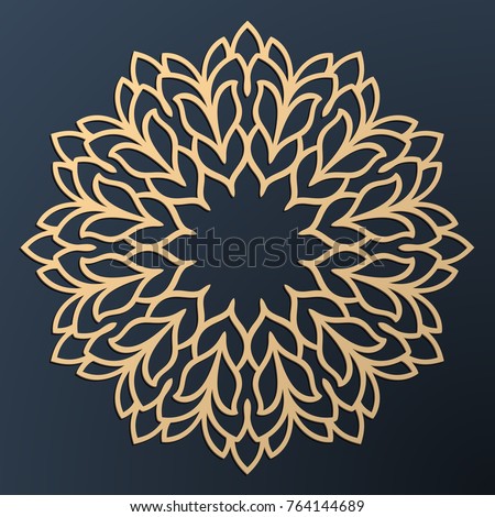 Laser cutting mandala. Golden floral pattern. Oriental silhouette ornament. Vector coaster design. Royalty-Free Stock Photo #764144689