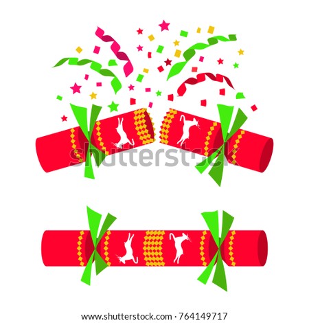 Christmas cracker isolated in white background. Set is closed, open with serpentine sparkles. Ready to pull and blow. Festive fun. Merry Christmas and Happy New Year. Vector illustration flat design.
