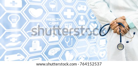 Healthcare concept - Doctor on medical icons background showing symbols for health person, science treatment, emergency service, technology research and insurance.