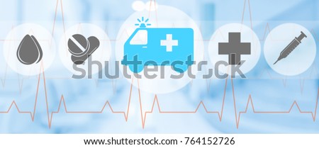 Ambulance and emergency service icon on blue background. Medical concept.