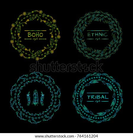 Vector set of tribal bohemian mandala, round frames with place for Your logotypes or text. Boho style art, nature design in ecology green colors. Perfect for ethnic, yoga design
