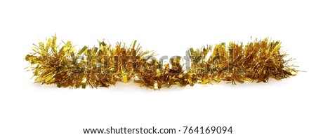 Golden, yellow tinsel, Christmas ornament, decoration, isolated on white background Royalty-Free Stock Photo #764169094