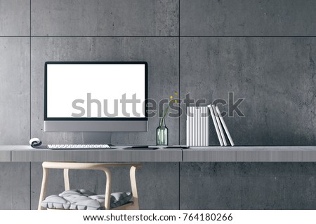 3D Rendering : illustration of modern interior Creative designer office desktop with PC computer. mock up working place. light from outside. loft cement wall background. clipping path included