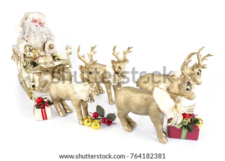 Merry Christmas! Santa Claus with reindeer and gift box on white blackground