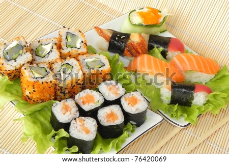 Dishes of Japanese cuisine are shown in the picture.