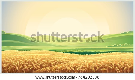 Summer landscape with a field of ripe wheat, and hills and dales in the background Royalty-Free Stock Photo #764202598