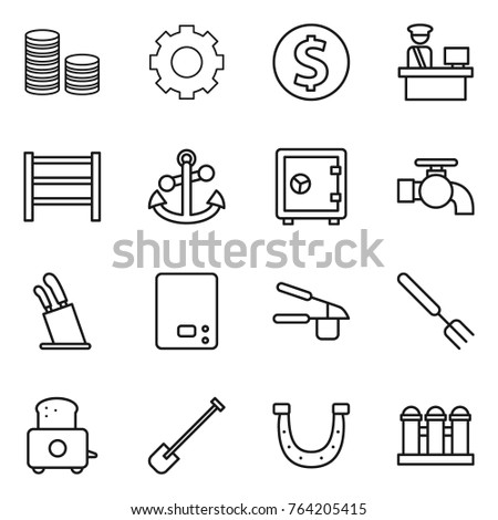Thin line icon set : coin stack, gear, dollar, customs control, rack, anchor, safe, water tap, stands for knives, kitchen scales, garlic clasp, big fork, toaster, shovel, horseshoe, grain elevator