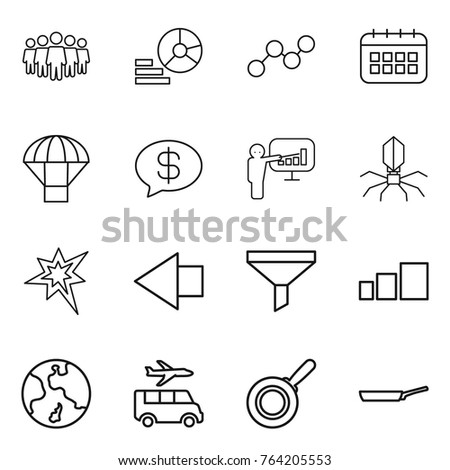 Thin line icon set : team, diagram, graph, calendar, parachute, money message, presentation, virus, bang, left arrow, funnel, sorting, earth, transfer, pan