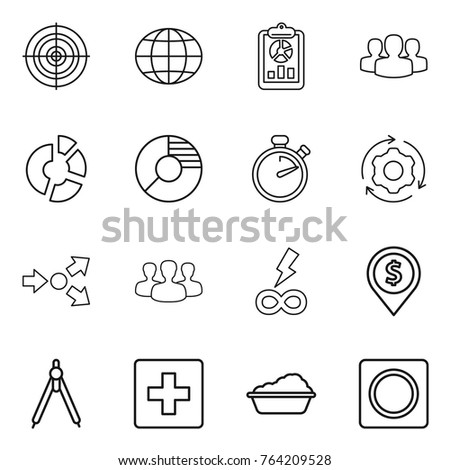 Thin line icon set : target, globe, report, group, circle diagram, stopwatch, around gear, core splitting, infinity power, dollar pin, drawing compasses, first aid, washing, ring button