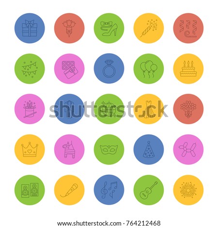 Holiday accessories linear icons set. Birthday party items. Celebration. Thin line outline symbols on color circles. Raster illustrations