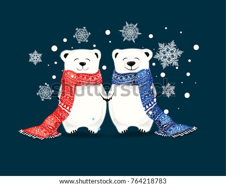 two polar bears on blue background with beautiful snowflakes.Vector cartoon character,Christmas greeting card
