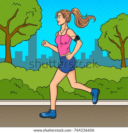 Sport girl jogging in park pop art retro vector illustration. Comic book style imitation.