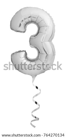 Silver chrome number three 3 made of inflatable balloon with silver ribbon isolated on white background