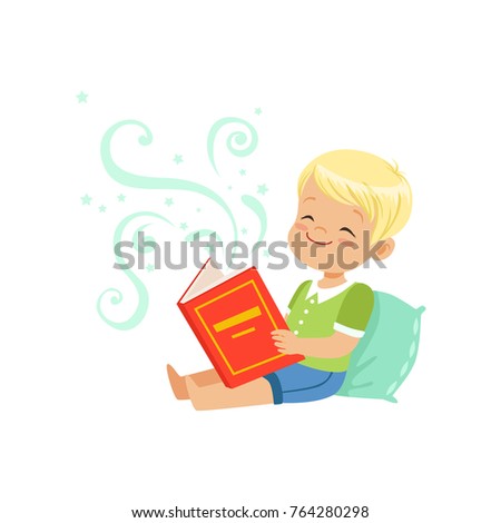 Illustration of little kid sitting on pillow with fantasy book in hands. Cartoon boy character with fabulous imagination. Flat vector illustration
