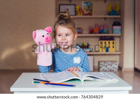 funny girl pig puppet theatre Royalty-Free Stock Photo #764304829