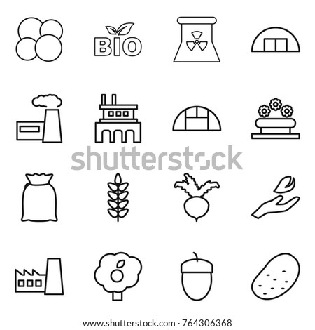 Thin line icon set : atom core, bio, nuclear power, hangare, factory, greenhouse, flower bed, flour, spikelets, beet, hand leaf, garden, acorn, potato