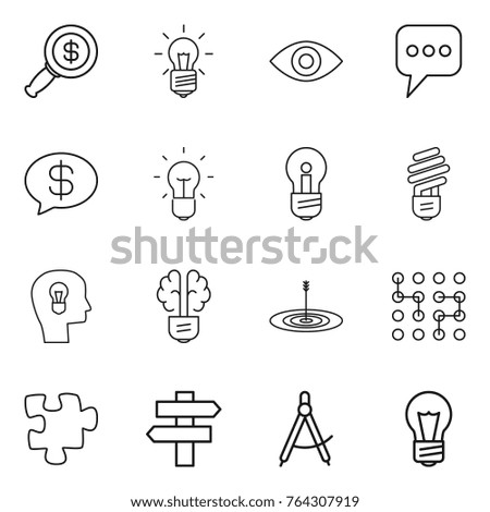 Thin line icon set : dollar magnifier, bulb, eye, message, money, head, brain, target, chip, puzzle, singlepost, draw compass