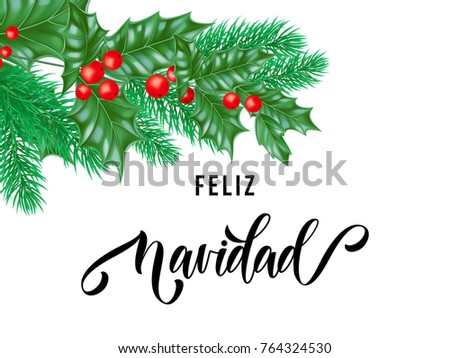 Feliz Navidad Spanish Merry Christmas hand drawn calligraphy and holly wreath decoration for holiday greeting card background template. Vector Christmas tree fir or pine branch ornament