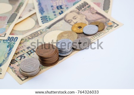 Japanese thousand 500 currency with coin isolated on white background