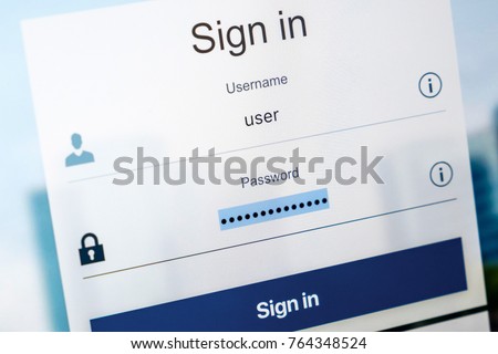 Login screen. Username and password in Internet browser on computer screen Royalty-Free Stock Photo #764348524