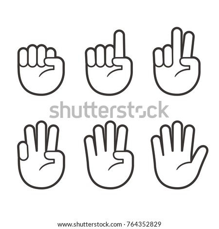 Hand icons with finger count. Hand gesture symbols, counting by bending fingers. Vector clip art illustration.
