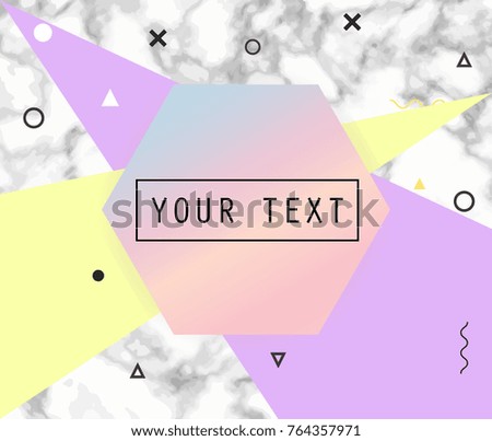 Abstract marble texture pattern card with trendy geometric elements memphis style. place your text. pink, blue, yellow and white background. Template for your designs, banner, party, birthday