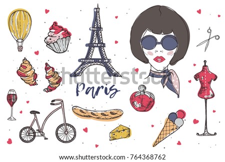 Collection of Paris and France elements - fashionable Parisian woman, perfume, french cheese, baguette, Eiffel Tower, glass of red wine hand drawn in doodle style and isolated on white background.