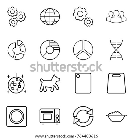 Thin line icon set : gear, globe, group, circle diagram, dna, disco ball, dog, cutting board, ring button, grill oven, reload, foam basin