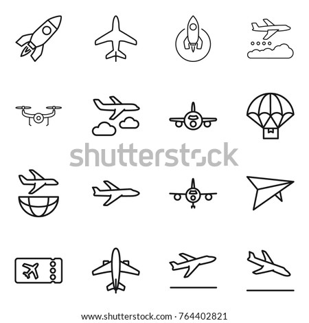 Thin line icon set : rocket, plane, weather management, drone, journey, parachute delivery, shipping, deltaplane, ticket, airplane, departure, arrival Royalty-Free Stock Photo #764402821