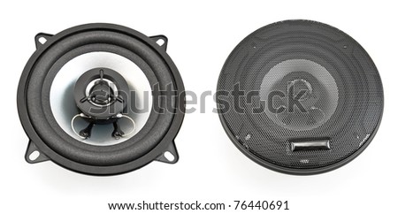 Two black round acoustic speakers isolated on white background