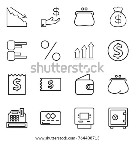 Thin line icon set : crisis, investment, purse, money bag, diagram, percent, graph up, dollar coin, receipt, wallet, cashbox, credit card, atm, safe