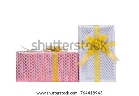 couple gift boxs with yellow ribbon bow isolated on white background.