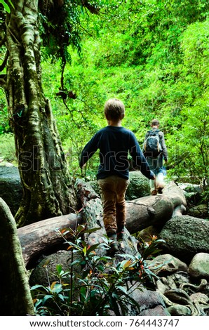 Children are walking along the logs in the forest. Foreground is focused