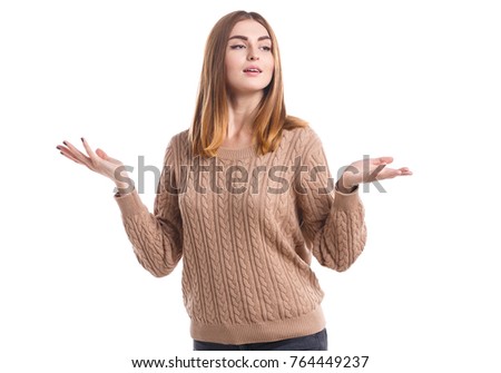 Girl spreads her hands on a white isolated background