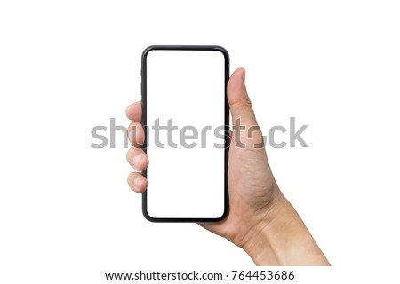 Man's hand shows mobile smartphone with white screen in vertical position isolated on white background. Mock up mobile Royalty-Free Stock Photo #764453686