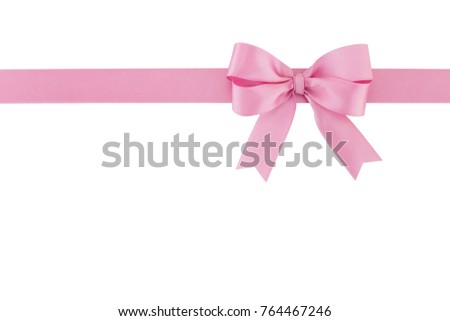 single pastel pink ribbon bow isolated on white background, simple horizontal pink ribbon with double tied bow for decorate gift box or greeting card or voucher banner, flatlay top view Royalty-Free Stock Photo #764467246