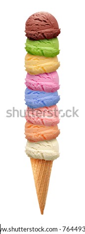 Strawberry, vanilla, blueberry, chocolate, mint, colorful ice cream scoops with cone isolated on white background