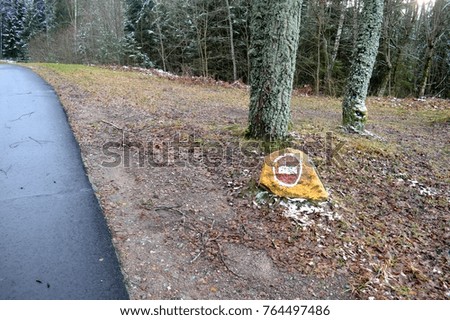 Unique road sign - stop in the forest. Forest landscape.