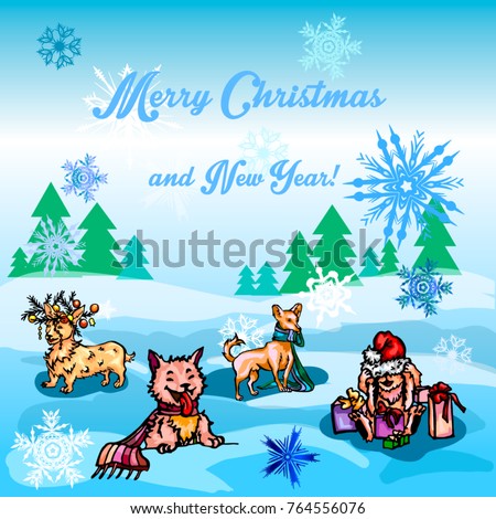 Christmas card with cheerful characters on a winter background.