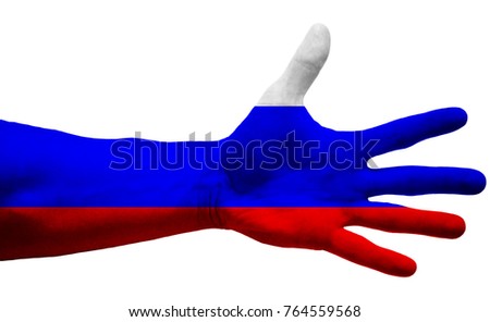 Russia flag on the open hand. The human palm is colored in russian  national colors. Symbol and sign of hands isolated on white background. 5 fingers, high five icon                      