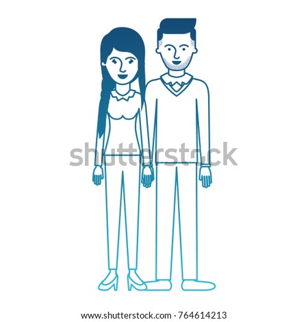 couple in degraded blue silhouette and her with blouse long sleeve and pants and heel shoes with braid and fringe hairstyle and him stubble beard and sweater and pants and shoes with side parted
