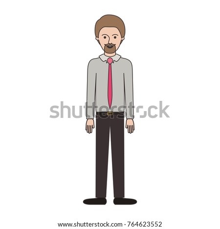 man full body with shirt and tie and pants and shoes with short hair and goatee beard in colorful silhouette